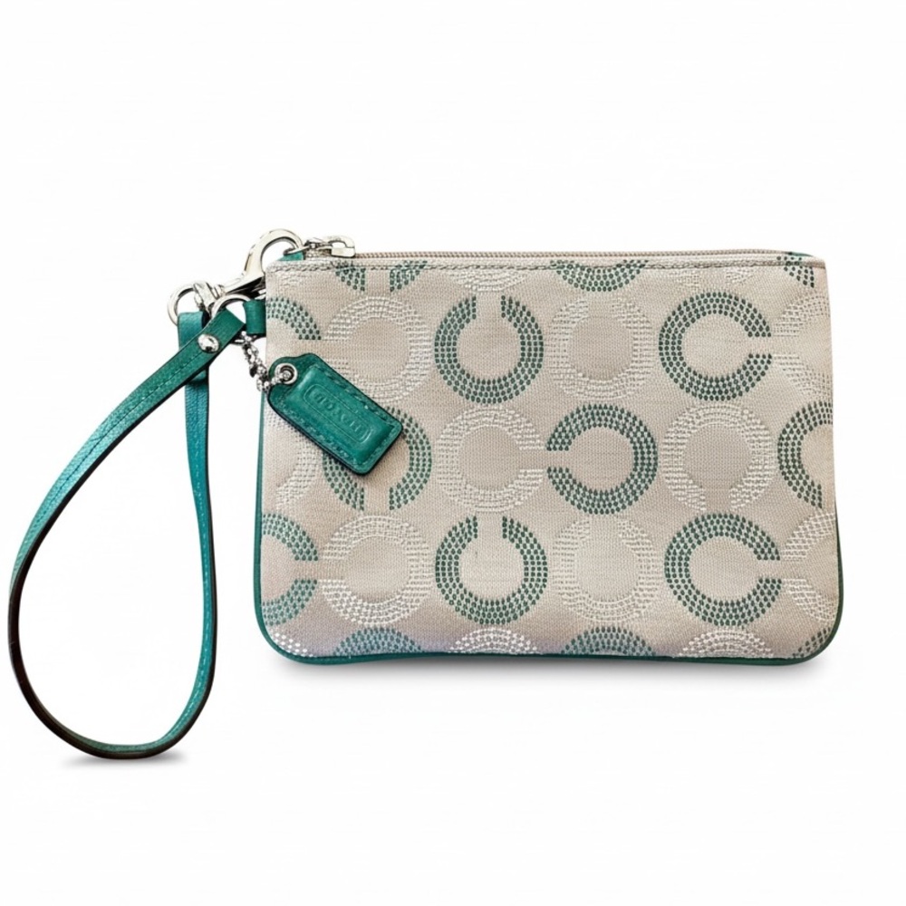 Coach Ashley “Dot Op Art” Monogram Wristlet with Leather Trim in Khaki and Teal